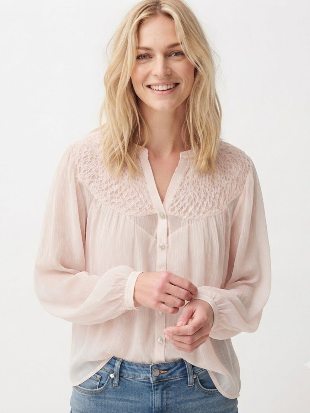 Lucky Brand Smocked Yoke Peasant Long Sleeve Button Front Blouse Pink Size M